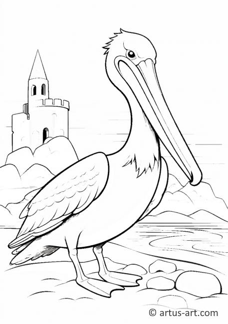 Pelican with a Sand Castle Coloring Page